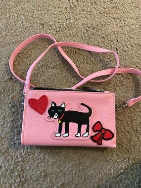 Pink Kids Crossbody Bag with Black Cat & Heart Appliqués